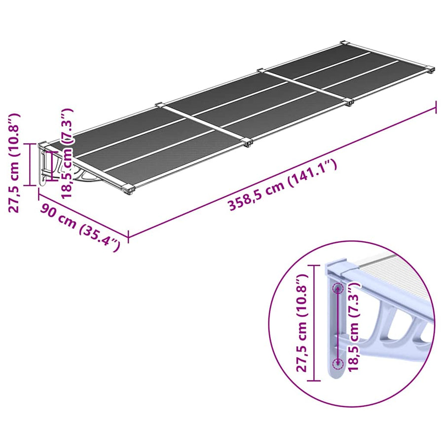 Door Canopy Grey and Transparent 358.5x90 cm Polycarbonate