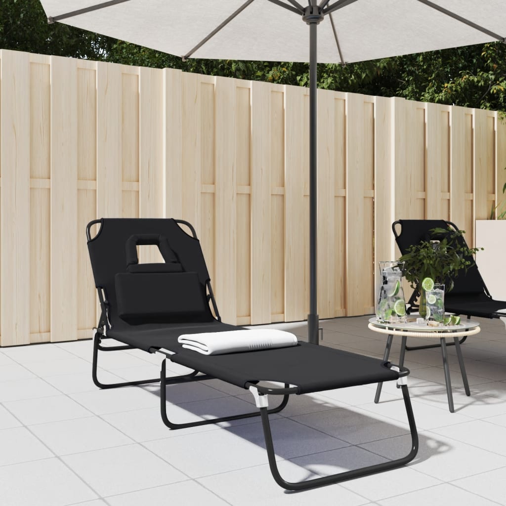Folding Sun Lounger Black Oxford Fabric and Powder-coated Steel