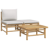 3 Piece Garden Lounge Set with Light Grey Cushions Bamboo - Front View