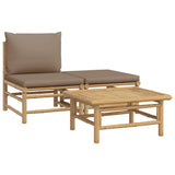 3 Piece Garden Lounge Set with Taupe Cushions Bamboo - Front View
