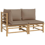 2 Piece Garden Lounge Set with Taupe Cushions Bamboo - Front View