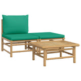 3 Piece Garden Lounge Set with Green Cushions Bamboo - Front View