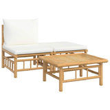 3 Piece Garden Lounge Set with Cream White Cushions Bamboo - Front View
