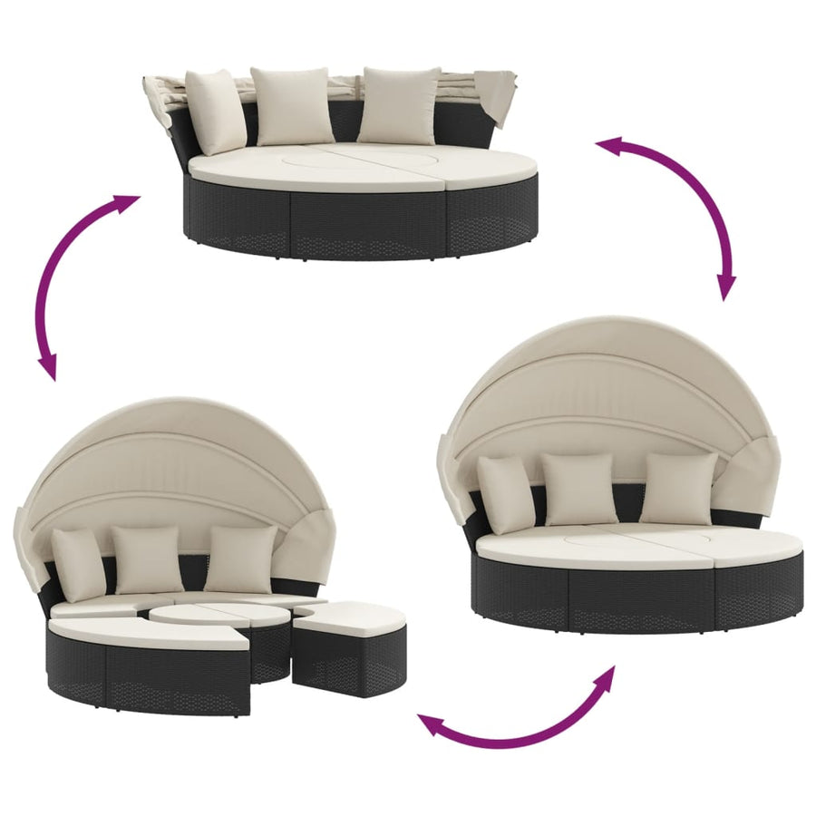 Outdoor Lounge Bed with Canopy and Cushions Black Poly Rattan