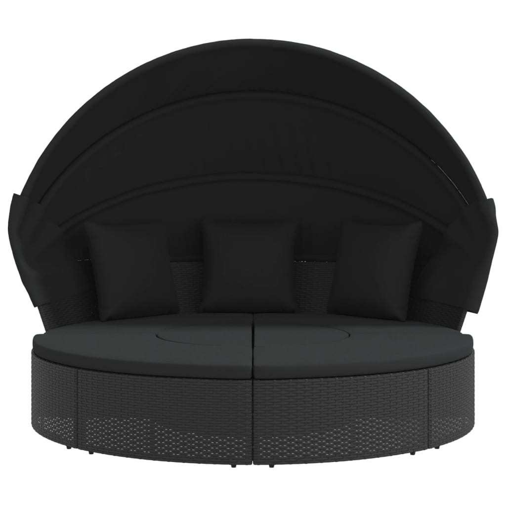 Outdoor Lounge Bed with Canopy and Cushions Black Poly Rattan