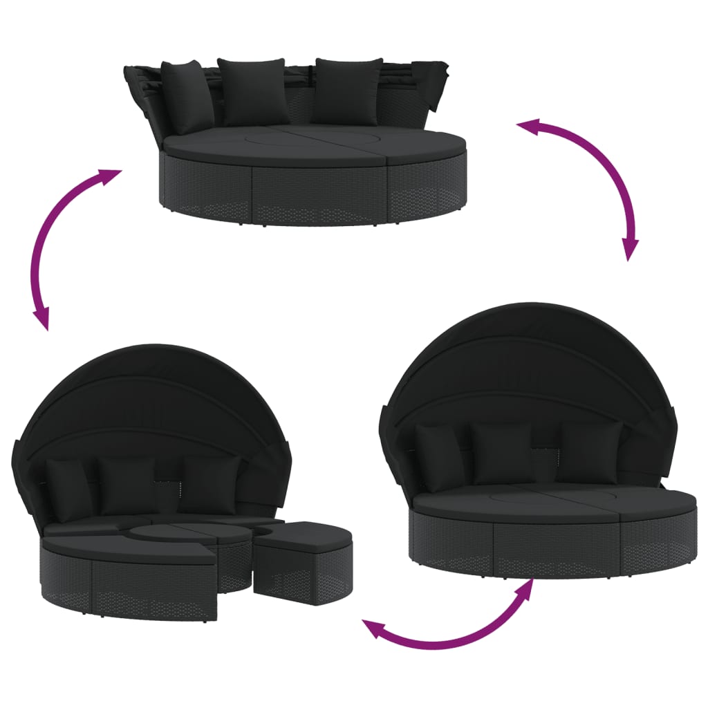 Outdoor Lounge Bed with Canopy and Cushions Black Poly Rattan