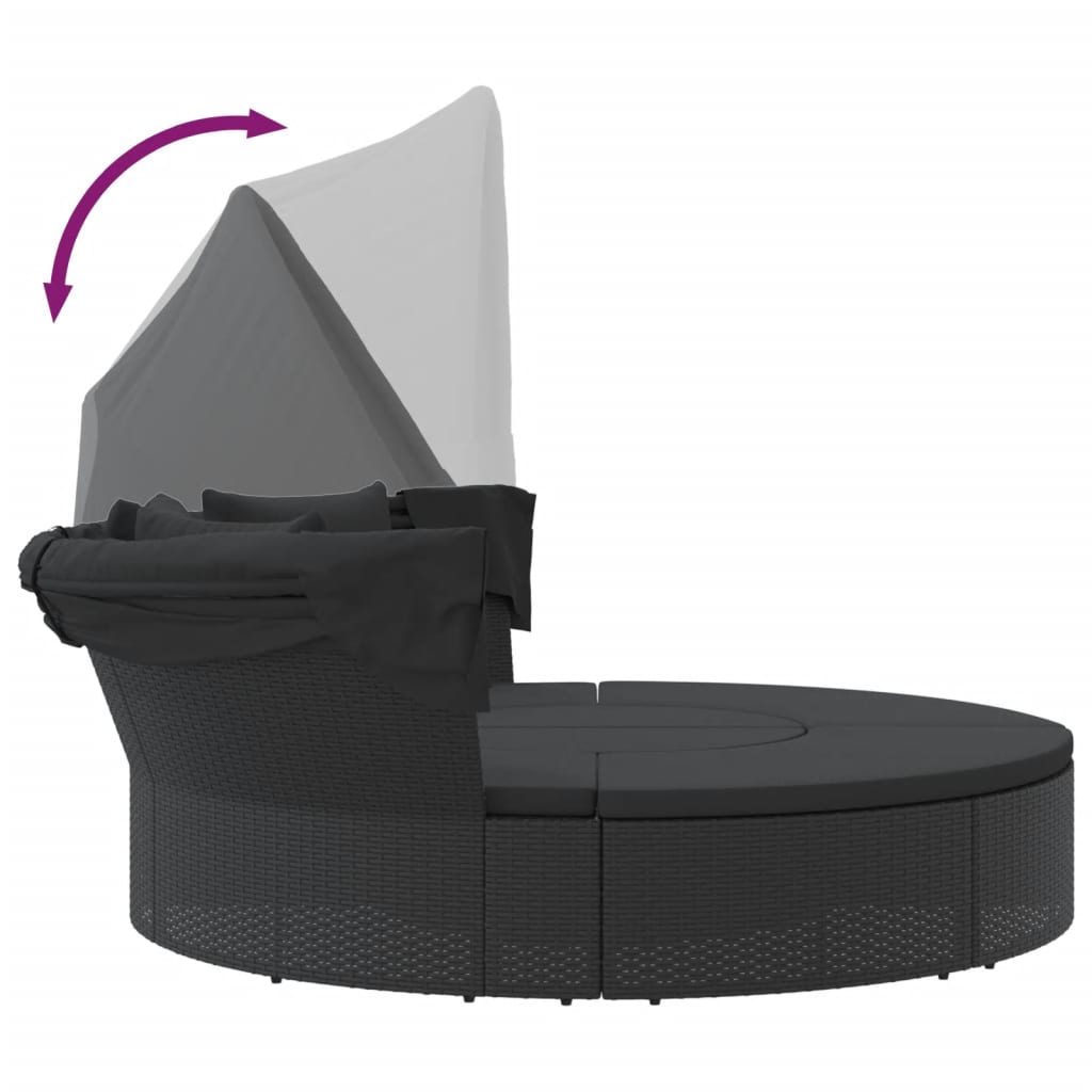 Outdoor Lounge Bed with Canopy and Cushions Black Poly Rattan