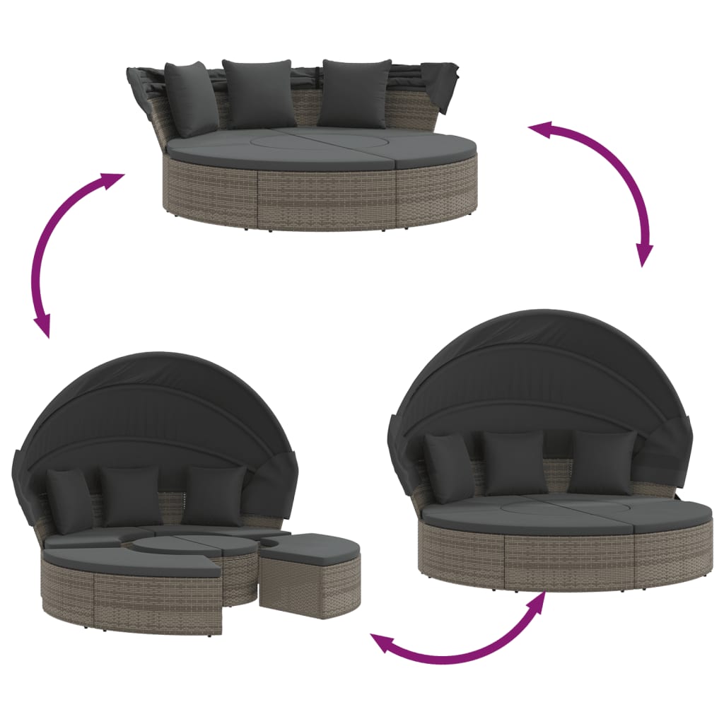 Outdoor Lounge Bed with Canopy and Cushions Grey Poly Rattan