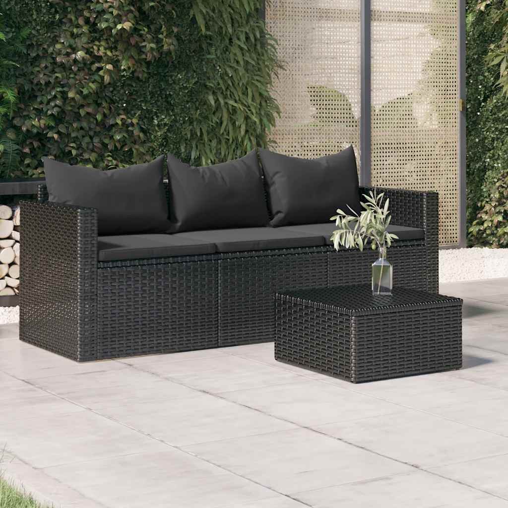 3-Seater Garden Sofa with Cushions Black Poly Rattan