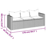 3-Seater Garden Sofa with Cushions Grey Poly Rattan - Low Angle
