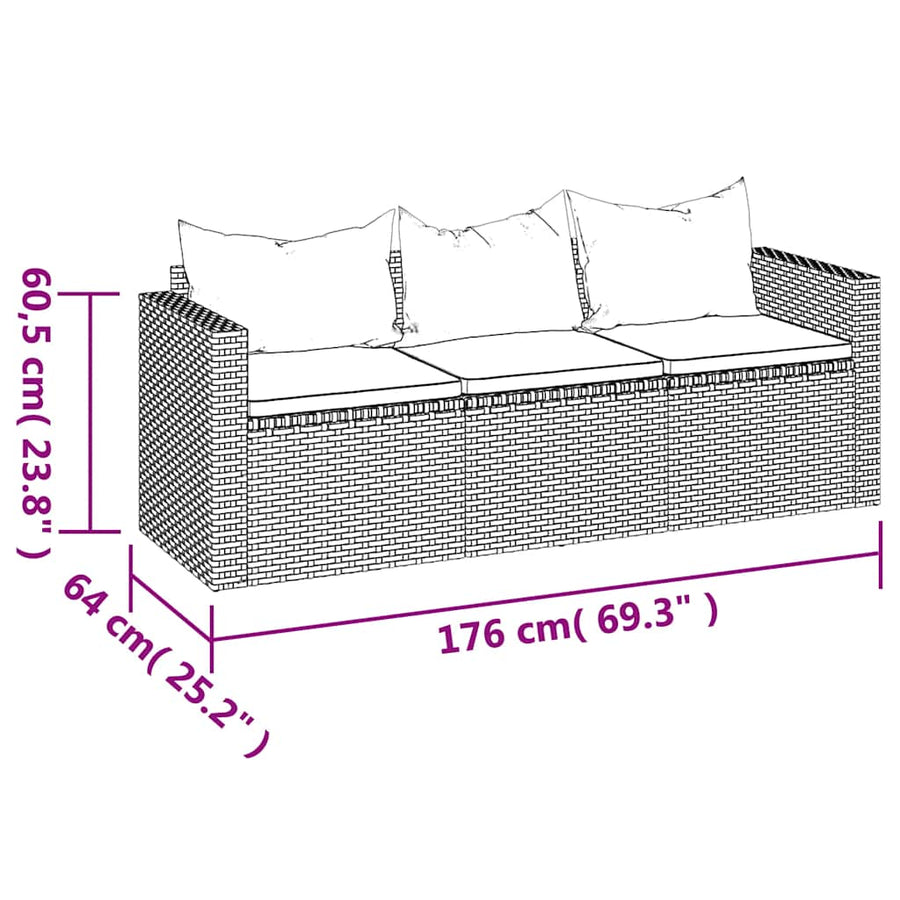 3-Seater Garden Sofa with Cushions Grey Poly Rattan