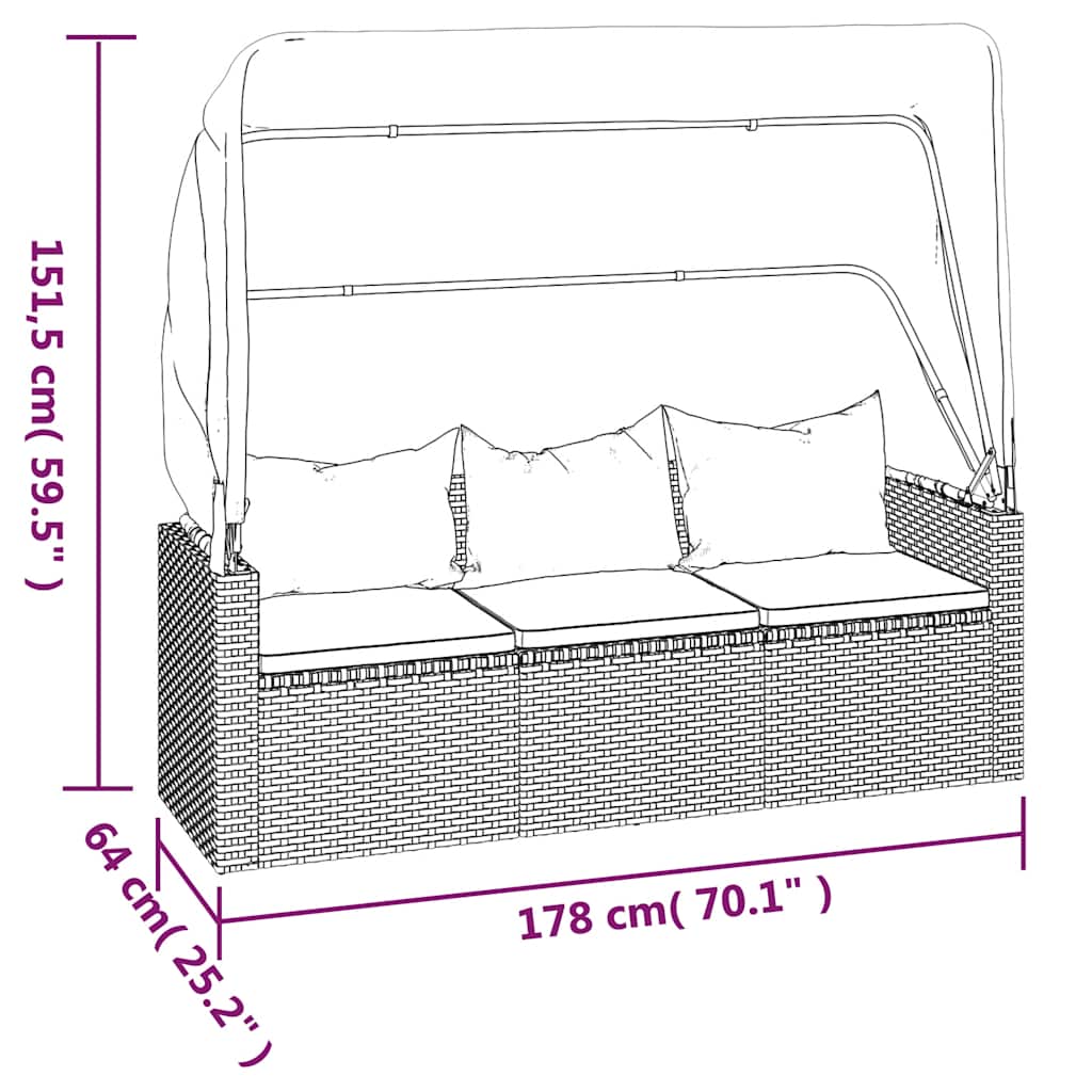 3-Seater Garden Sofa with Roof and Footstool Grey Poly Rattan