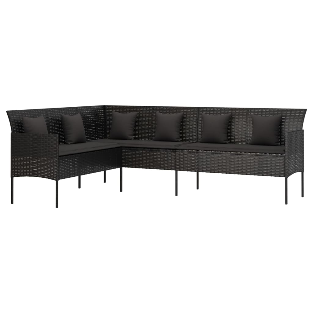 L-shaped Garden Sofa with Cushions Black Poly Rattan