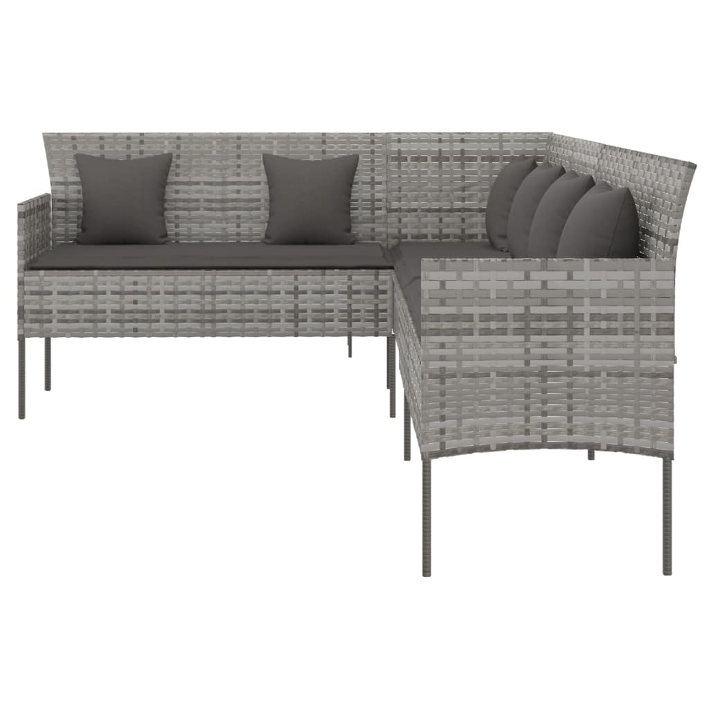 L-shaped Garden Sofa with Cushions Grey Poly Rattan