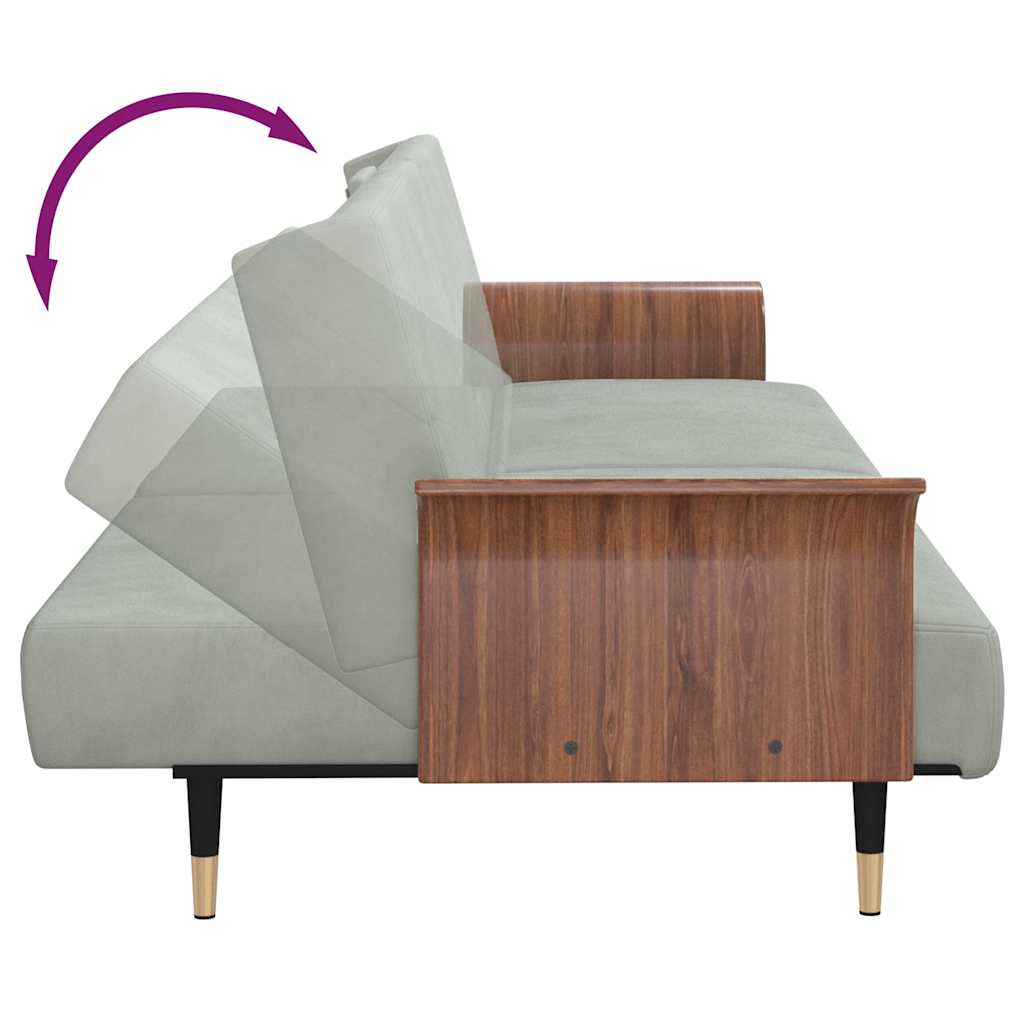 Sofa Bed with Cup Holders Light Grey Velvet