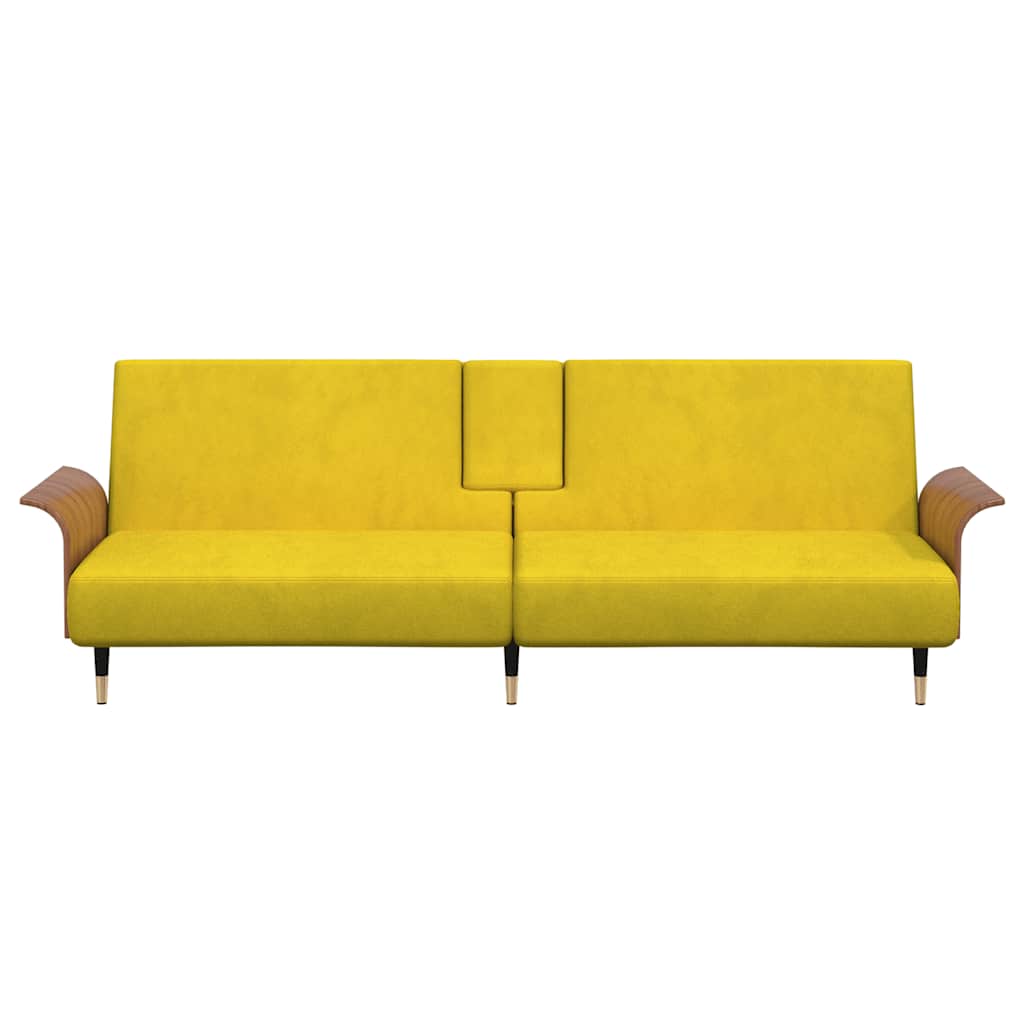Sofa Bed with Cup Holders Yellow Velvet
