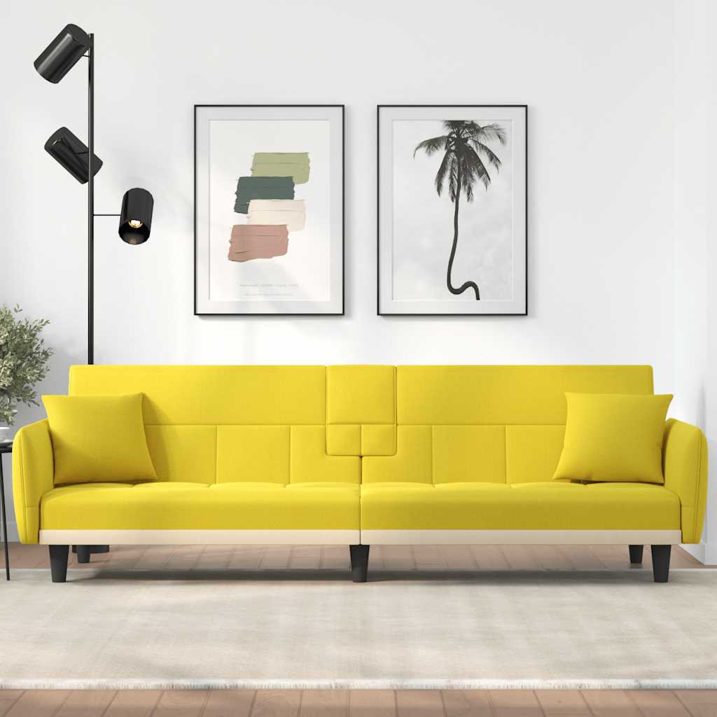 Sofa Bed with Cup Holders Light Yellow Fabric