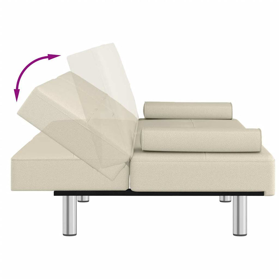 Sofa Bed with Cup Holders Cream Faux Leather