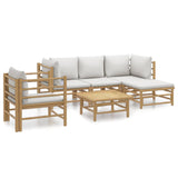 6 Piece Garden Lounge Set with Light Grey Cushions Bamboo - Front View