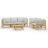 6 Piece Garden Lounge Set with Light Grey Cushions Bamboo - Front View