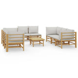 9 Piece Garden Lounge Set with Light Grey Cushions Bamboo - Front View