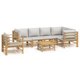 7 Piece Garden Lounge Set with Light Grey Cushions Bamboo - Front View