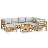 8 Piece Garden Lounge Set with Light Grey Cushions Bamboo - Front View