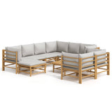 10 Piece Garden Lounge Set with Light Grey Cushions Bamboo - Front View