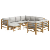 10 Piece Garden Lounge Set with Light Grey Cushions Bamboo - Side View
