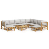 11 Piece Garden Lounge Set with Light Grey Cushions Bamboo - Front View