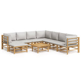 9 Piece Garden Lounge Set with Light Grey Cushions Bamboo - Front View