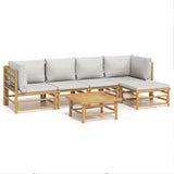 6 Piece Garden Lounge Set with Light Grey Cushions Bamboo - Front View