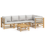 6 Piece Garden Lounge Set with Light Grey Cushions Bamboo - Front View