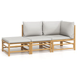 3 Piece Garden Lounge Set with Light Grey Cushions Bamboo - Front View