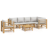 7 Piece Garden Lounge Set with Light Grey Cushions Bamboo - Front View