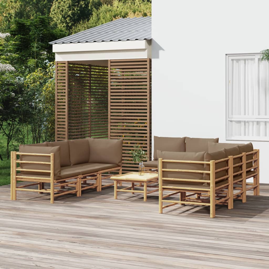 9 Piece Garden Lounge Set with Taupe Cushions Bamboo