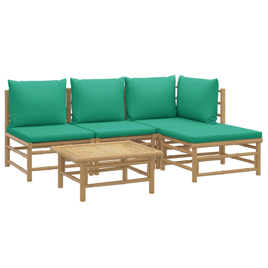 5 Piece Garden Lounge Set with Green Cushions Bamboo
