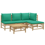 5 Piece Garden Lounge Set with Green Cushions Bamboo
