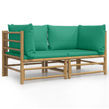 Garden Corner Sofas with Green Cushions 2 pcs Bamboo - Front View
