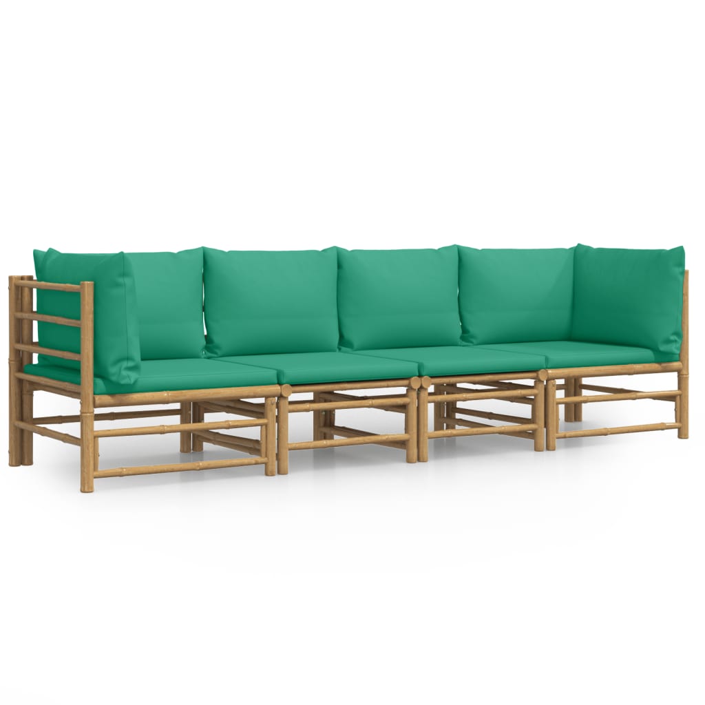 4 Piece Garden Lounge Set with Green Cushions Bamboo