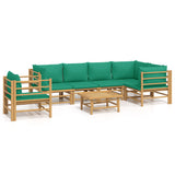 7 Piece Garden Lounge Set with Green Cushions  Bamboo - Front View