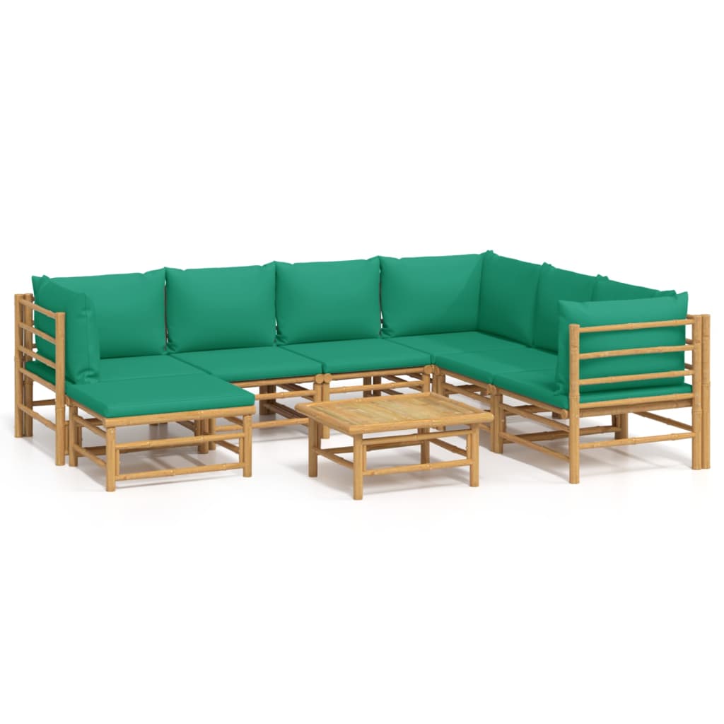 8 Piece Garden Lounge Set with Green Cushions Bamboo