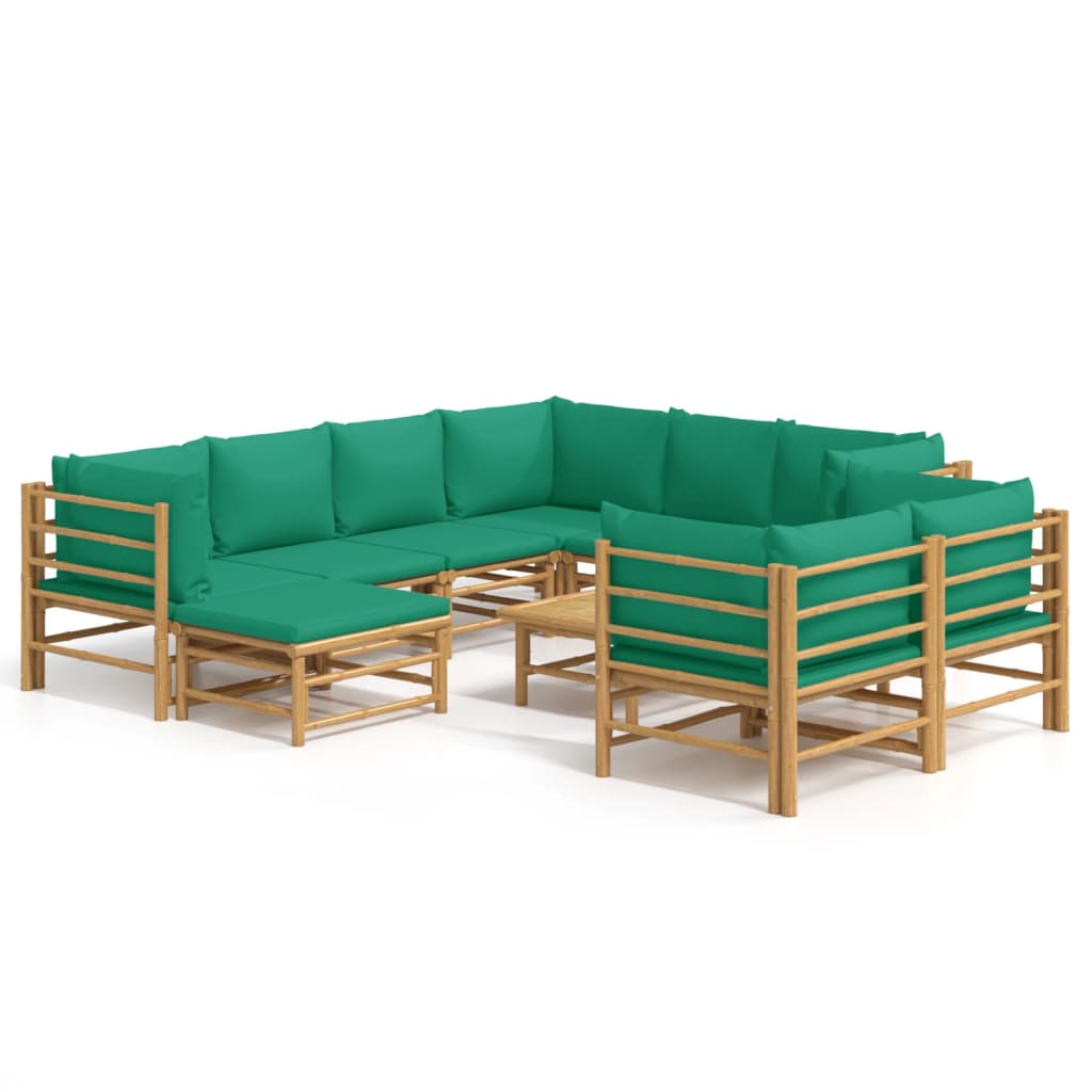 10 Piece Garden Lounge Set with Green Cushions Bamboo