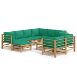 10 Piece Garden Lounge Set with Green Cushions Bamboo