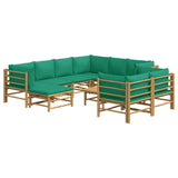 10 Piece Garden Lounge Set with Green Cushions  Bamboo - Side View