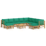 11 Piece Garden Lounge Set with Green Cushions  Bamboo - Front View