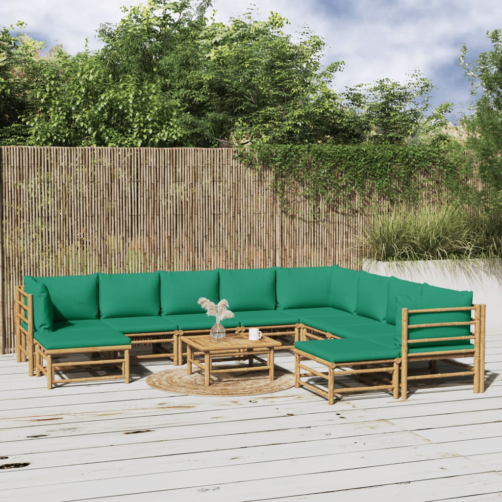 11 Piece Garden Lounge Set with Green Cushions Bamboo