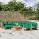 11 Piece Garden Lounge Set with Green Cushions Bamboo