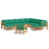 12 Piece Garden Lounge Set with Green Cushions  Bamboo - Front View