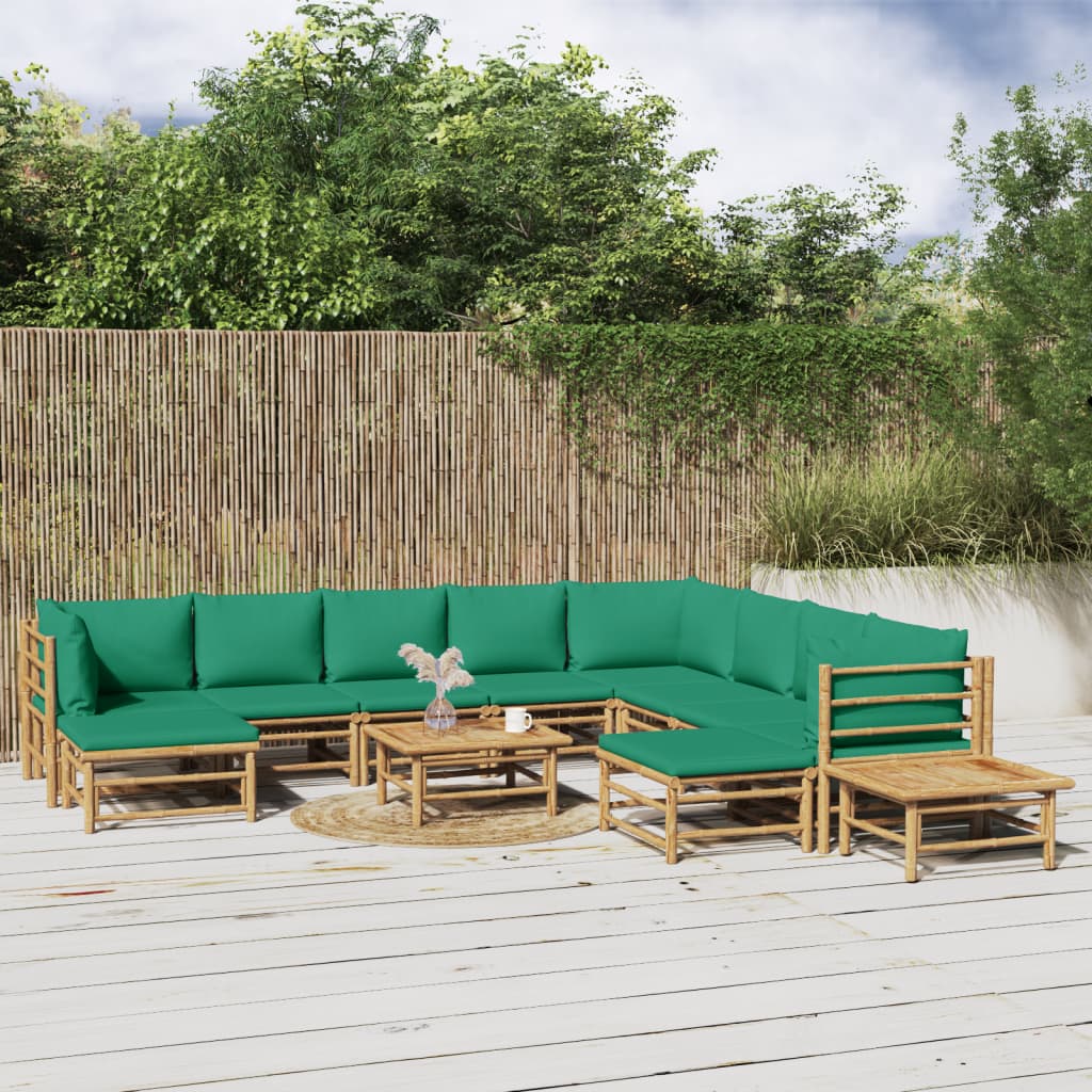 12 Piece Garden Lounge Set with Green Cushions Bamboo